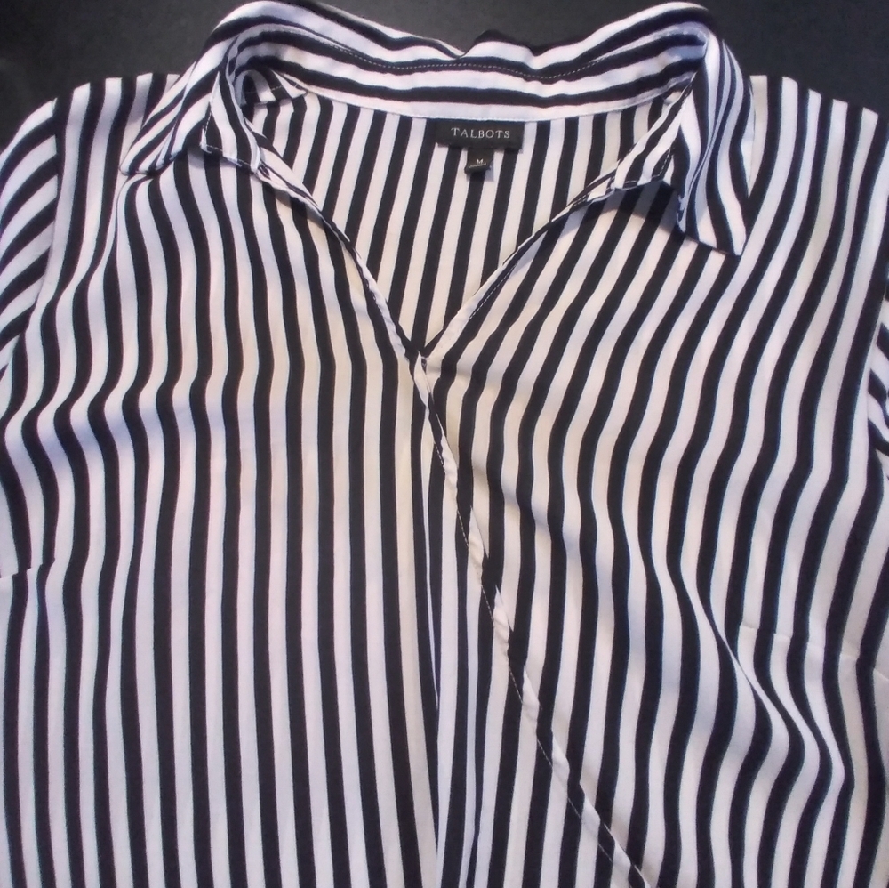 Talbots Black And White Striped Womens Top Size M Side Zip Office Casual - Picture 7 of 9